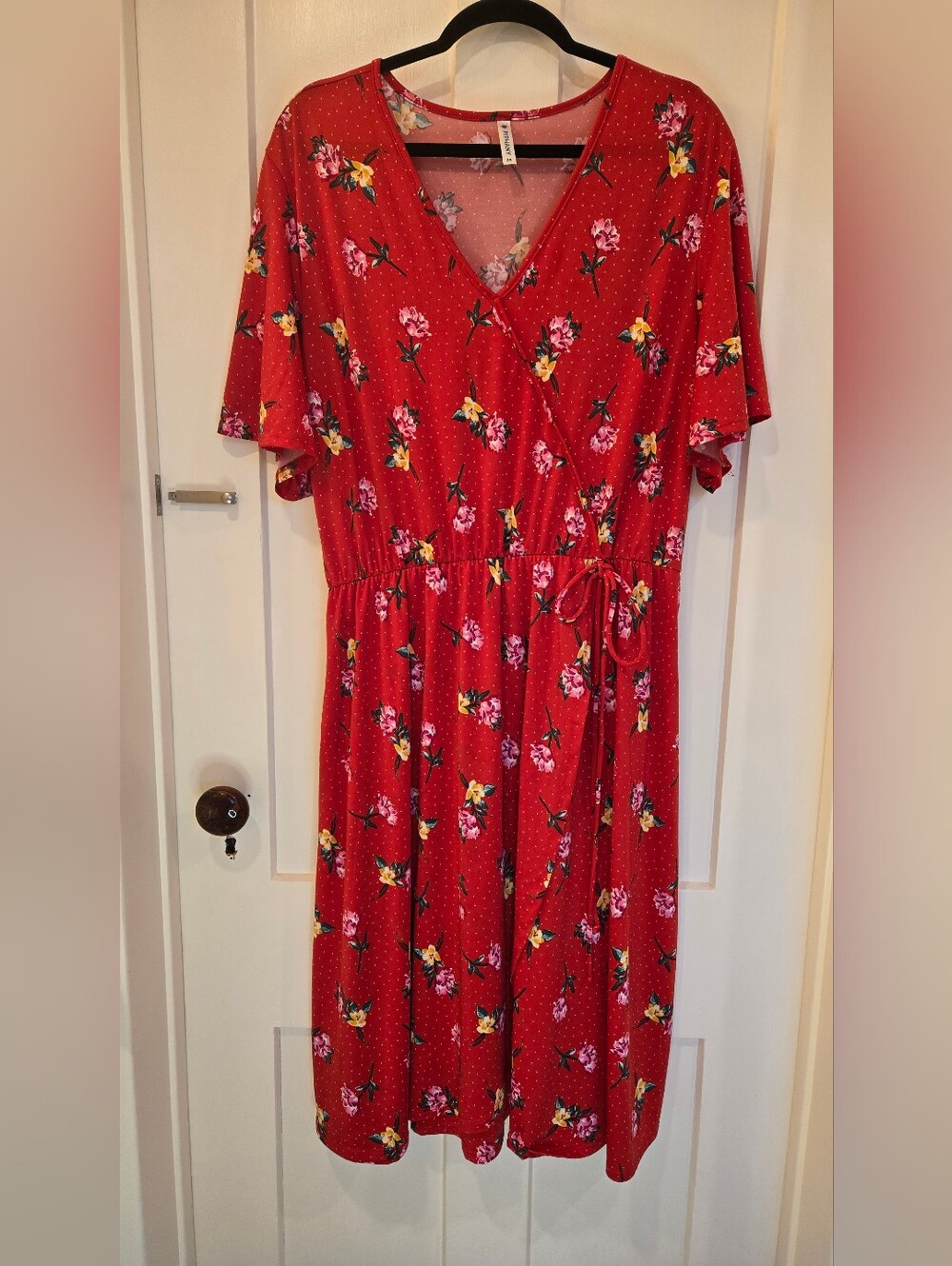 Piphany "Santa Barbara" Red Floral Faux Wrap Midi Dress 2XL